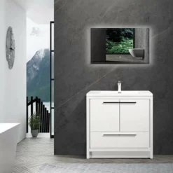 Royal Salerno 36 Inch White Wall Mounted Bathroom Vanity With Faux Marble Top & Sink