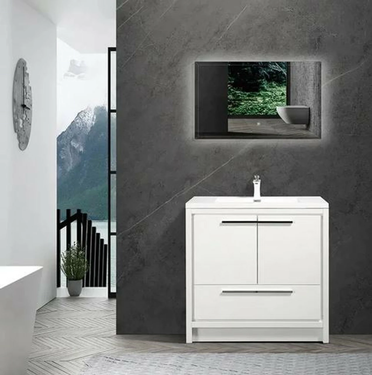 Royal Salerno 36 Inch White Wall Mounted Bathroom Vanity With Faux Marble Top & Sink 3 Royal Salerno 36 Inch White Wall Mounted Bathroom Vanity With Faux Marble Top & Sink