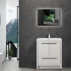Royal Salerno 30 Inch White Wall Mounted Bathroom Vanity With Faux Marble Top & Sink