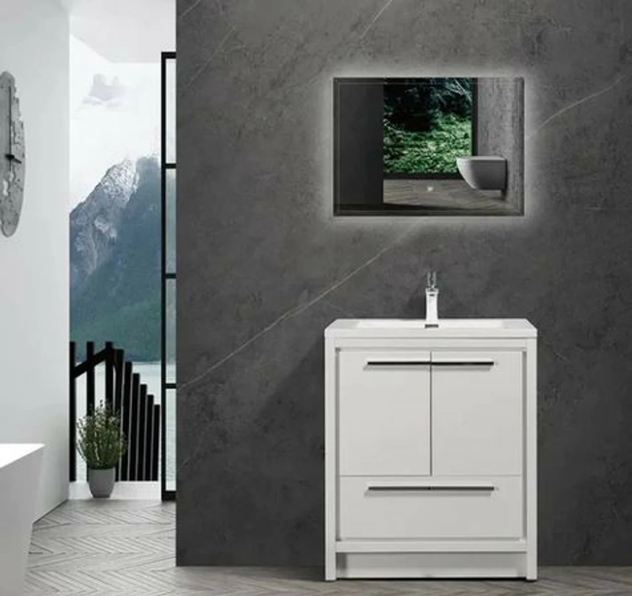 Royal Salerno 30 Inch White Wall Mounted Bathroom Vanity With Faux Marble Top & Sink 3 Royal Salerno 30 Inch White Wall Mounted Bathroom Vanity With Faux Marble Top & Sink