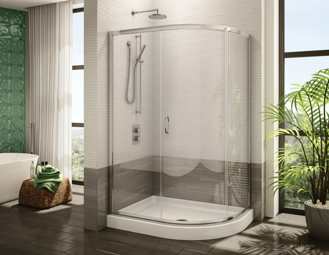 Fleurco FA483-72 Capri 45 7/8" - 46 1/4" Framed Half-Round 3 Curved Sliding Shower Door And Shower Base 3 Fleurco FA483-72 Capri 45 7/8" - 46 1/4" Framed Half-Round 3 Curved Sliding Shower Door And Shower Base