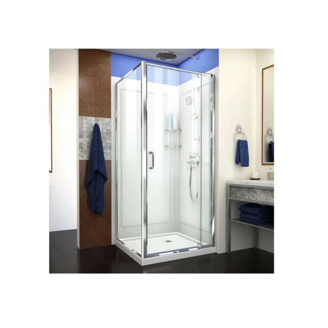 DreamLine 76-3/4" High X 32" Wide X 32" Deep Pivot Framed Shower Enclosure With Clear Glass, Shower Base, Shower Backwall, And Return Panel 3 DreamLine 76-3/4" High X 32" Wide X 32" Deep Pivot Framed Shower Enclosure With Clear Glass, Shower Base, Shower Backwall, And Return Panel