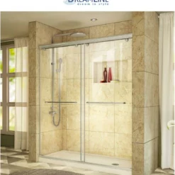 DreamLine Charisma 78-3/4" High X 60" Wide 32" Deep Sliding Frameless Shower Door With Clear Glass, SlimeLine Shower Base Kit, And Right Drain