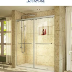 DreamLine Charisma 78-3/4" High X 60" Wide 36" Deep Sliding Frameless Shower Door With Clear Glass, SlimeLine Shower Base Kit, And Right Drain