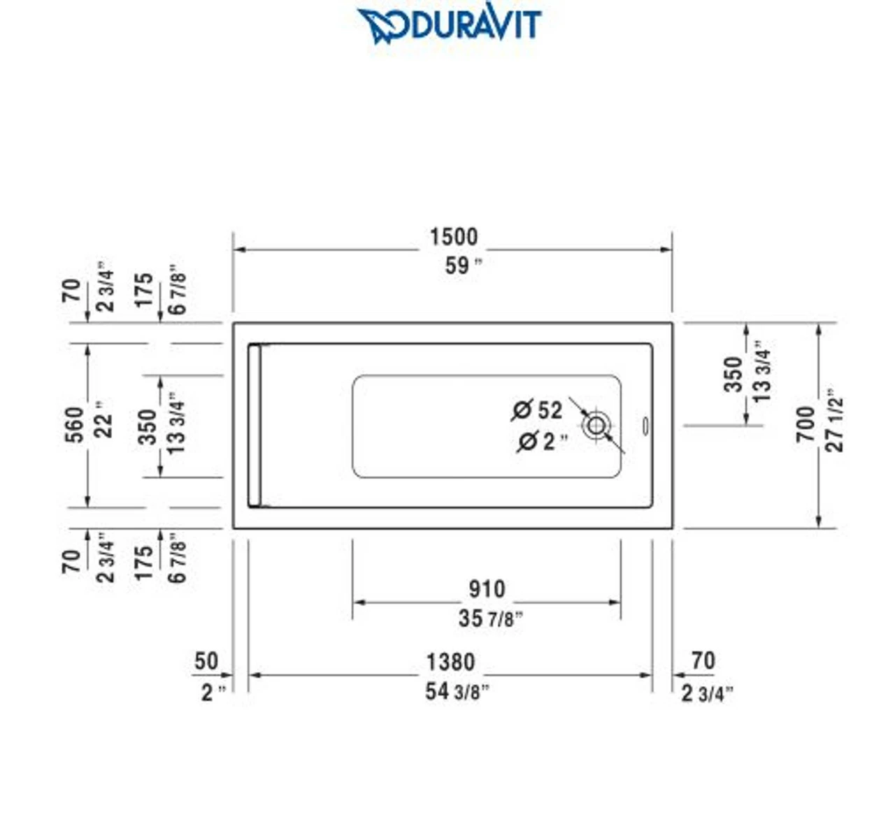 Duravit Starck 59" Drop In Acrylic Soaking Tub With Right Drain And Overflow 4 Duravit Starck 59" Drop In Acrylic Soaking Tub With Right Drain And Overflow - Image 2