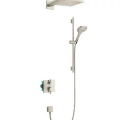 Hansgrohe Raindance E Thermostatic Shower System With Shower Head, Hand Shower, Shower Arm, Hose, And Valve Trim