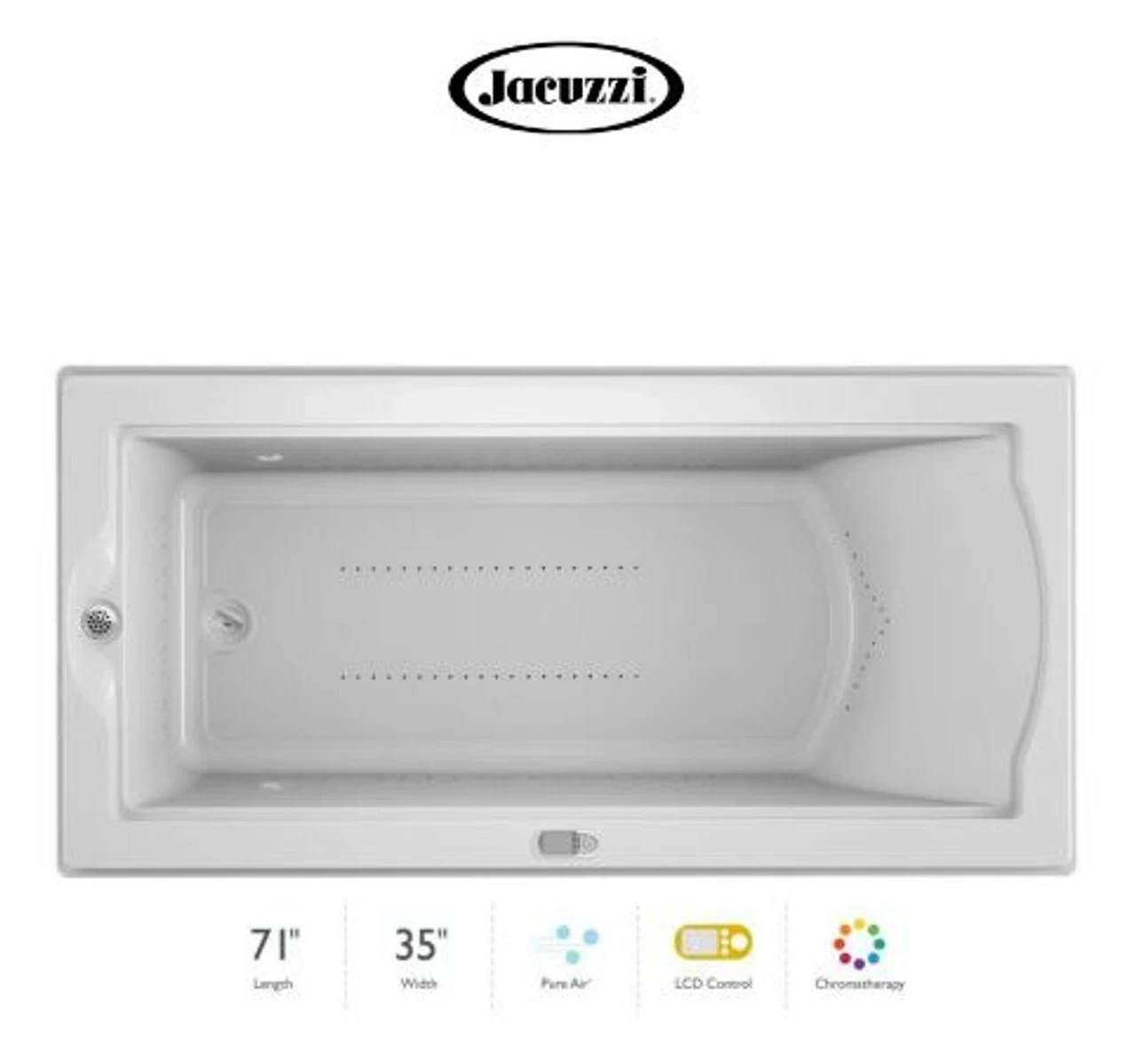 Jacuzzi 72" X 36" Fuzion Drop In Luxury Pure Air®; Bathtub With LCD Controls, Chromatherapy, Left Drain And Right Blower - Integrated Drain Assembly Included 3 Jacuzzi 72" X 36" Fuzion Drop In Luxury Pure Air®; Bathtub With LCD Controls, Chromatherapy, Left Drain And Right Blower - Integrated Drain Assembly Included