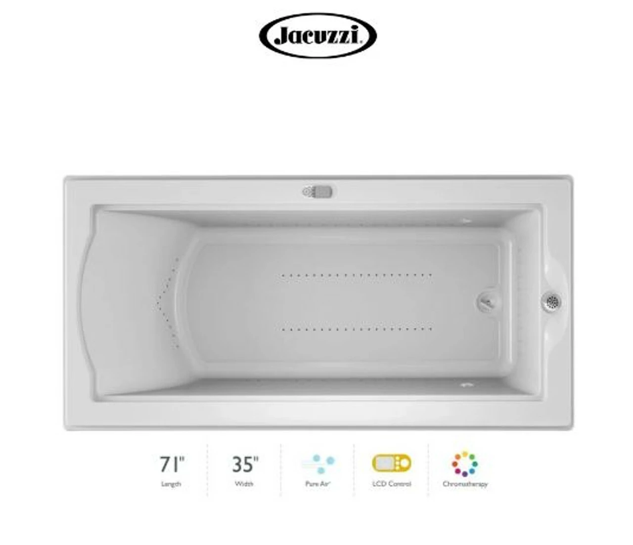 Jacuzzi 72" X 36" Fuzion Drop In Luxury Pure Air®; Bathtub With LCD Controls, Chromatherapy, Right Drain And Left Blower - Integrated Drain Assembly Included 3 Jacuzzi 72" X 36" Fuzion Drop In Luxury Pure Air®; Bathtub With LCD Controls, Chromatherapy, Right Drain And Left Blower - Integrated Drain Assembly Included