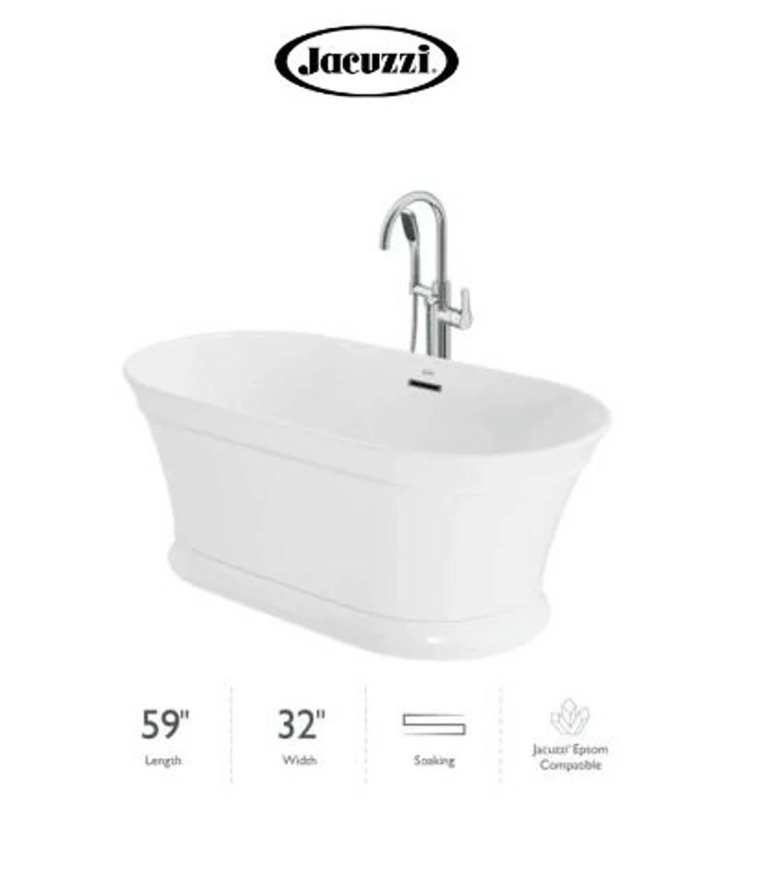 Jacuzzi Lyndsay 59" Free Standing Acrylic Soaking Tub With NW50827 Tub Filler Faucet, Center Drain, Drain Assembly And Overflow 3 Jacuzzi Lyndsay 59" Free Standing Acrylic Soaking Tub With NW50827 Tub Filler Faucet, Center Drain, Drain Assembly And Overflow