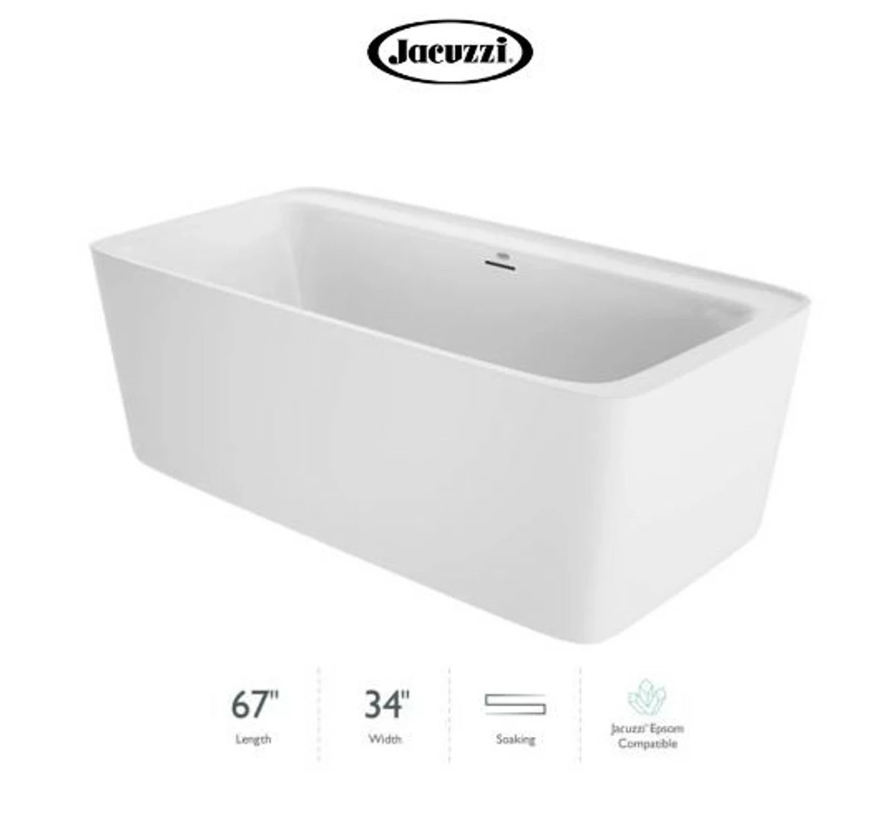 Jacuzzi Adatto 67" Free Standing Acrylic Soaking Tub With Center Drain, Pop-Up Drain Assembly And Overflow 3 Jacuzzi Adatto 67" Free Standing Acrylic Soaking Tub With Center Drain, Pop-Up Drain Assembly And Overflow