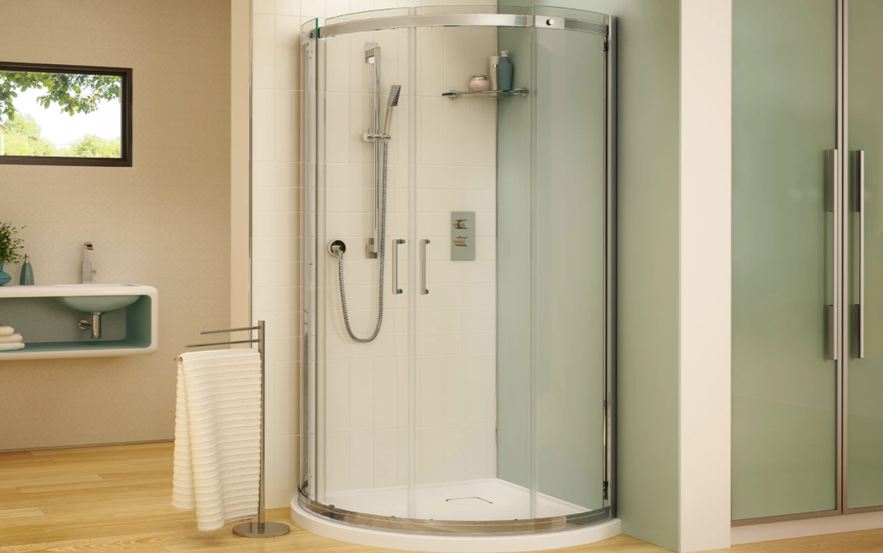 Fleurco STA32-11-40 Banyo Shuttle Arc 32 Semi Frameless Curved Sliding Doors With Hardware Finish: Bright Chrome And Glass Type: Clear Glass 3 Fleurco STA32-11-40 Banyo Shuttle Arc 32 Semi Frameless Curved Sliding Doors With Hardware Finish: Bright Chrome And Glass Type: Clear Glass