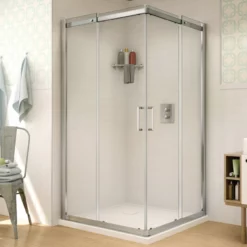 Fleurco STC32-11-40 Banyo Shuttle Square 32 Semi Frameless Corner Entry Sliding Doors With Hardware Finish: Bright Chrome And Glass Type: Clear Glass