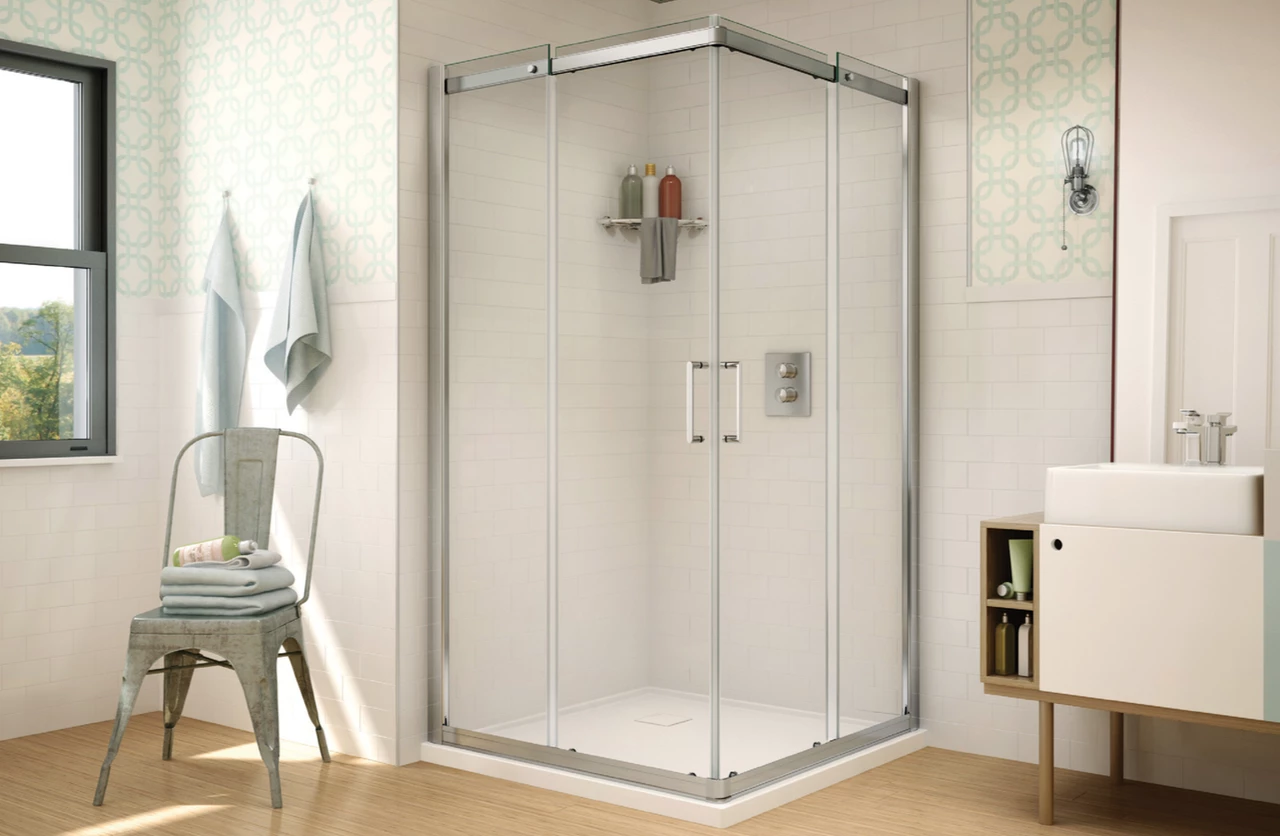 Fleurco STC32-11-40 Banyo Shuttle Square 32 Semi Frameless Corner Entry Sliding Doors With Hardware Finish: Bright Chrome And Glass Type: Clear Glass 3 Fleurco STC32-11-40 Banyo Shuttle Square 32 Semi Frameless Corner Entry Sliding Doors With Hardware Finish: Bright Chrome And Glass Type: Clear Glass