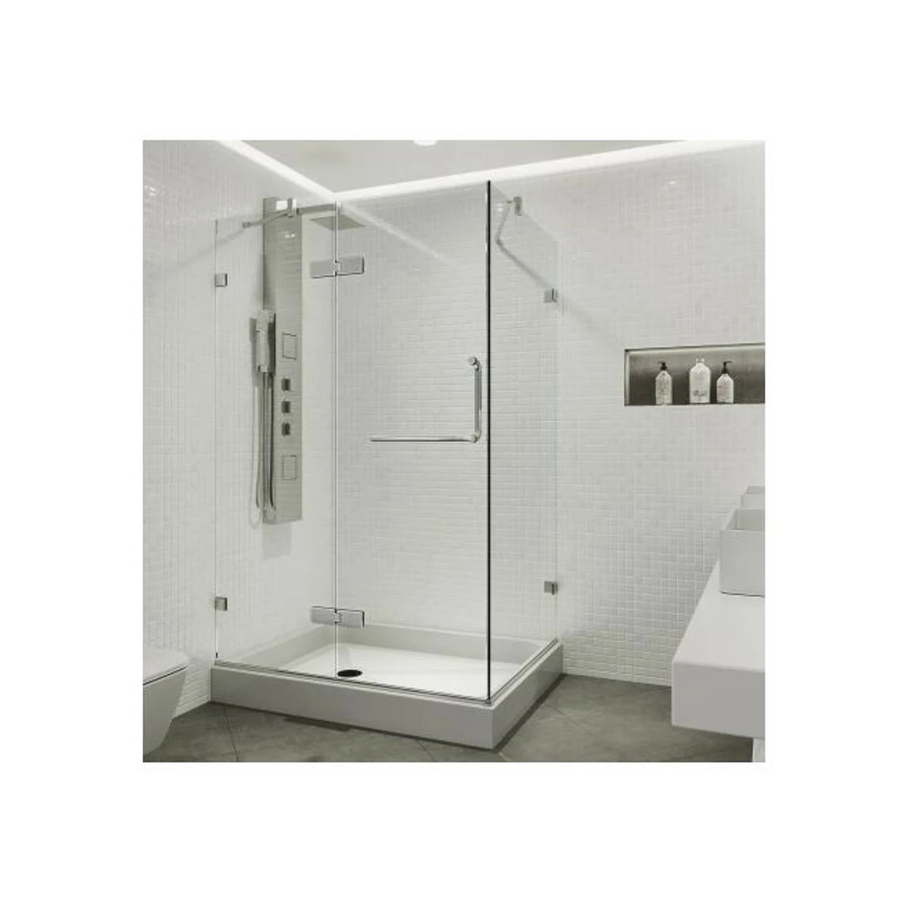 Vigo Monteray 79-1/4" High X 48" Wide X 32-3/8" Deep Hinged Frameless Shower Enclosure With 3/8" Glass - Shower Pan With Left Hand Drain 3 Vigo Monteray 79-1/4" High X 48" Wide X 32-3/8" Deep Hinged Frameless Shower Enclosure With 3/8" Glass - Shower Pan With Left Hand Drain - Image 2