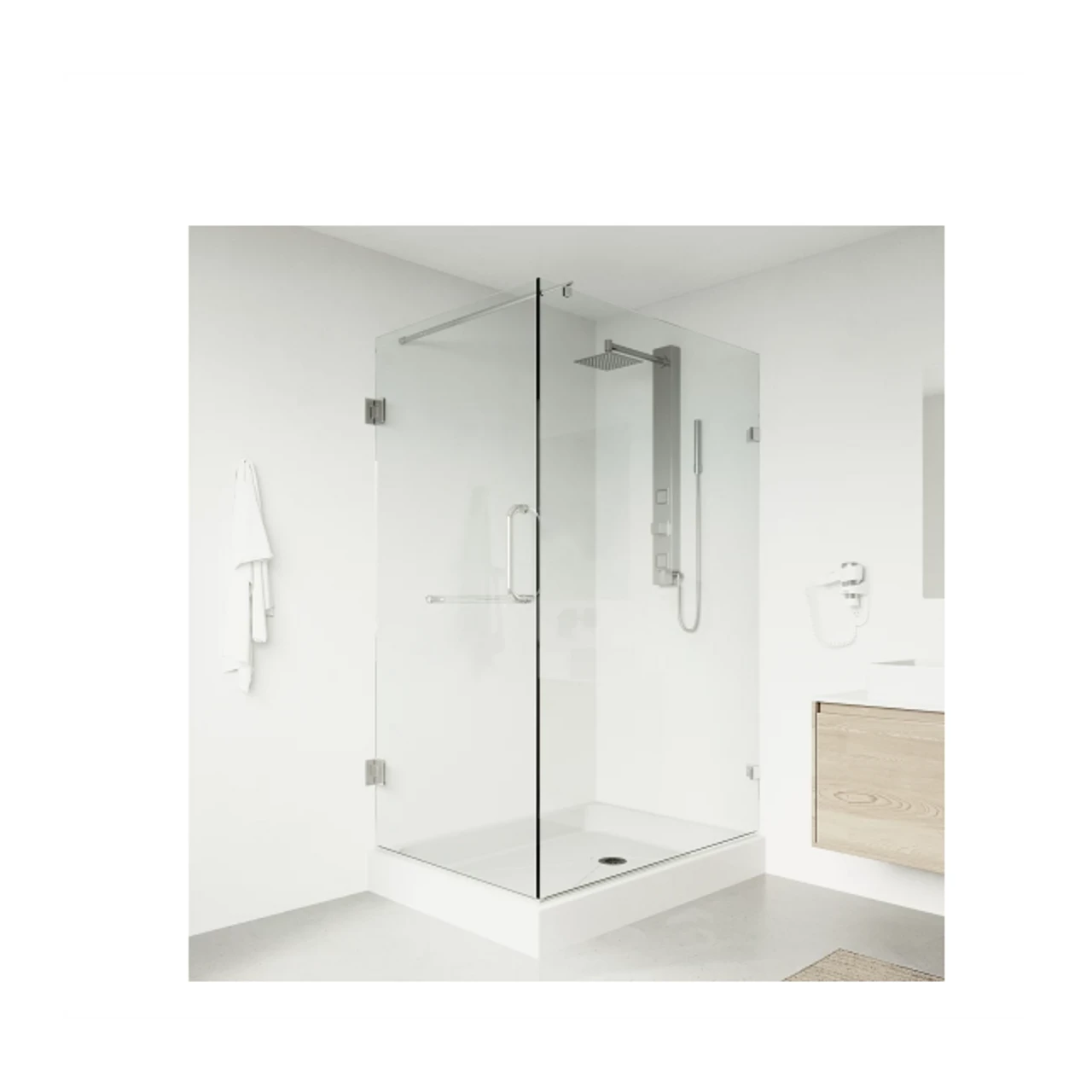 Vigo Pacifica 79-1/4" High X 48" Wide X 36-1/8" Deep Hinged Frameless Shower Enclosure With 3/8" Glass - Shower Pan With Right Hand Drain 3 Vigo Pacifica 79-1/4" High X 48" Wide X 36-1/8" Deep Hinged Frameless Shower Enclosure With 3/8" Glass - Shower Pan With Right Hand Drain