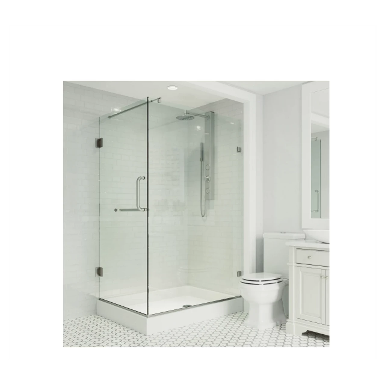 Vigo Pacifica 79-1/4" High X 48" Wide X 36-1/8" Deep Hinged Frameless Shower Enclosure With 3/8" Glass - Shower Pan With Right Hand Drain 4 Vigo Pacifica 79-1/4" High X 48" Wide X 36-1/8" Deep Hinged Frameless Shower Enclosure With 3/8" Glass - Shower Pan With Right Hand Drain - Image 2